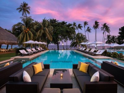Pool view with dusks skys at Atmosphere Resort & Spa in the Philippines