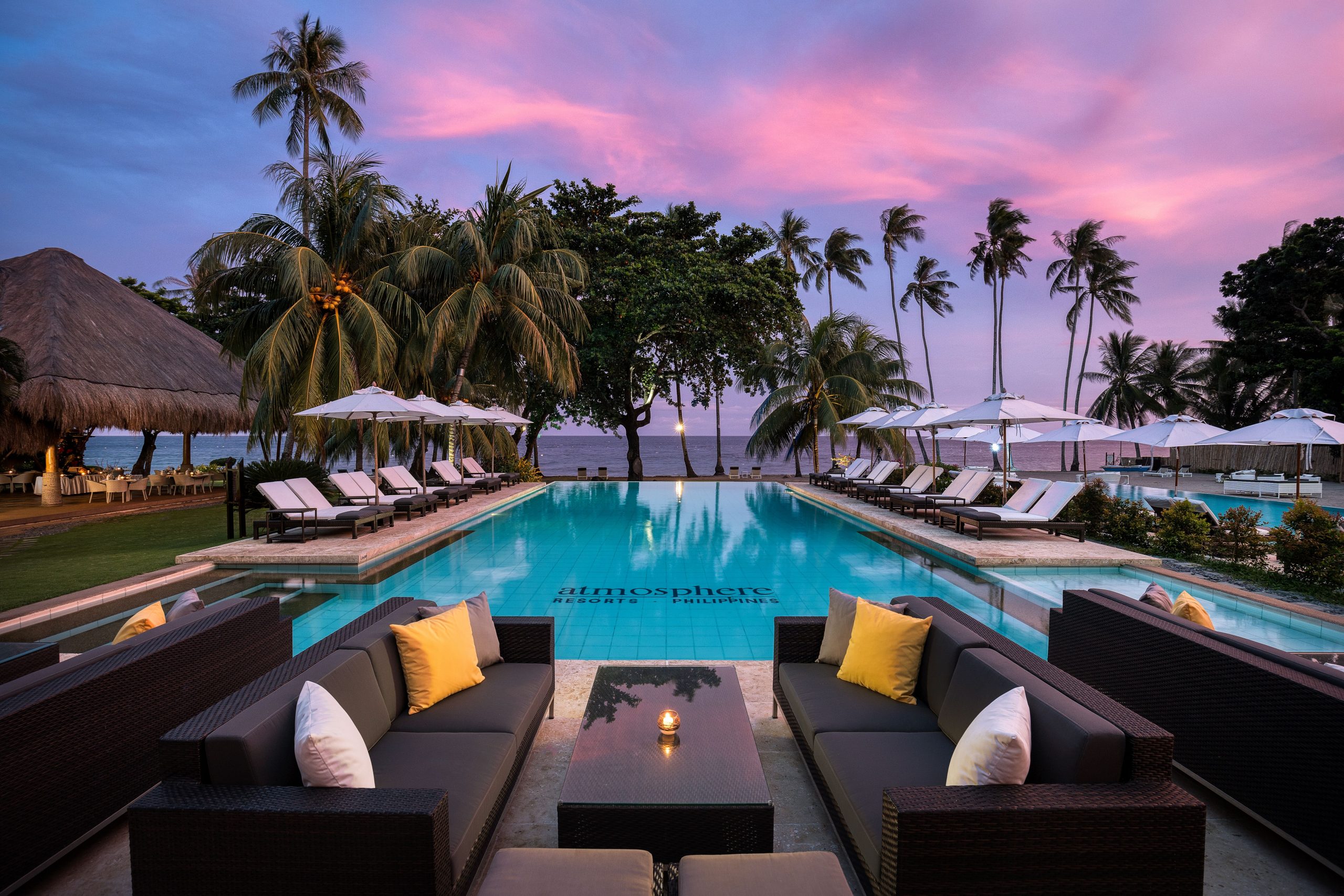 Pool view with dusks skys at Atmosphere Resort & Spa in the Philippines